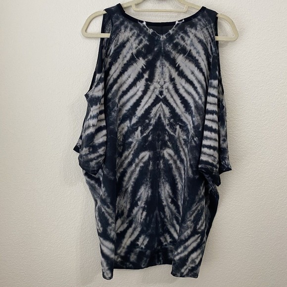 Chaser Womens Blouse Top Size Large Tie Dye Cold Shoulder Silk Black White - Picture 3 of 9